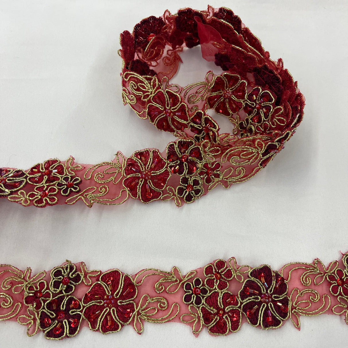 1 Yard Beaded Corded Embroidered Lace Trim 1.5" Wide 100% Polyester Organza for Dresses & Costumes