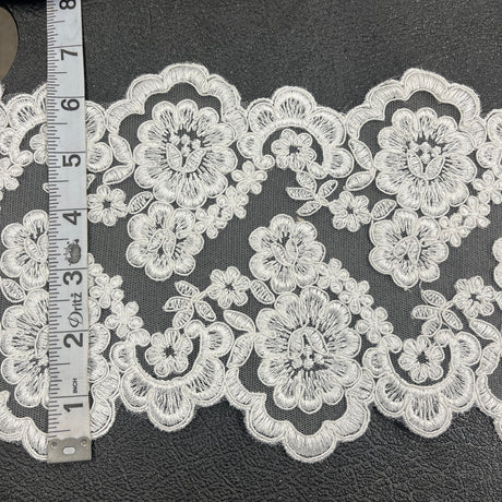 Corded Double Sided Lace Trimming Polyester Fabric - Embroidered Net Mesh, 6.5" Width (1 Yard)