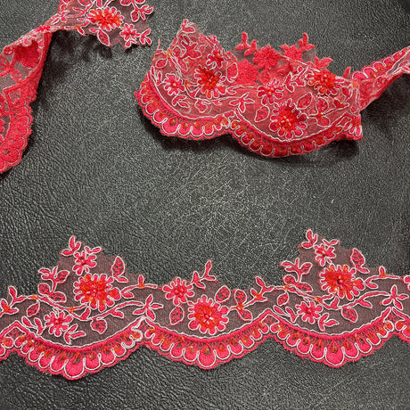 1 Yard Beaded & Corded Floral Lace Trimming 100% Polyester Net Mesh 4? Wide