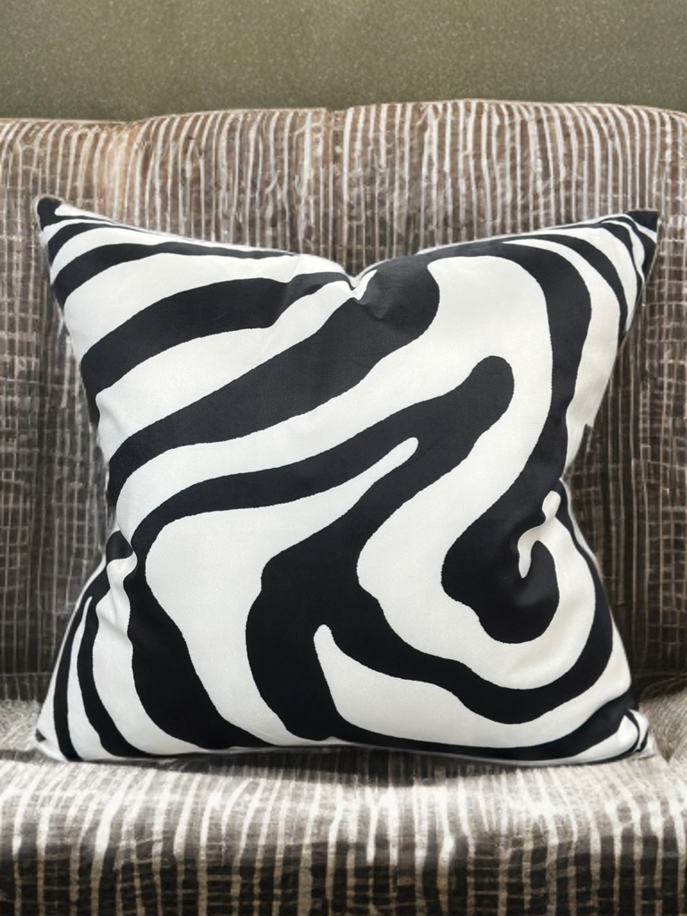 VIVA021 Polyester Velvet Fabric - White Abstract With Black Swirled Zebra Design, 20" X 20" (1 Pillow)