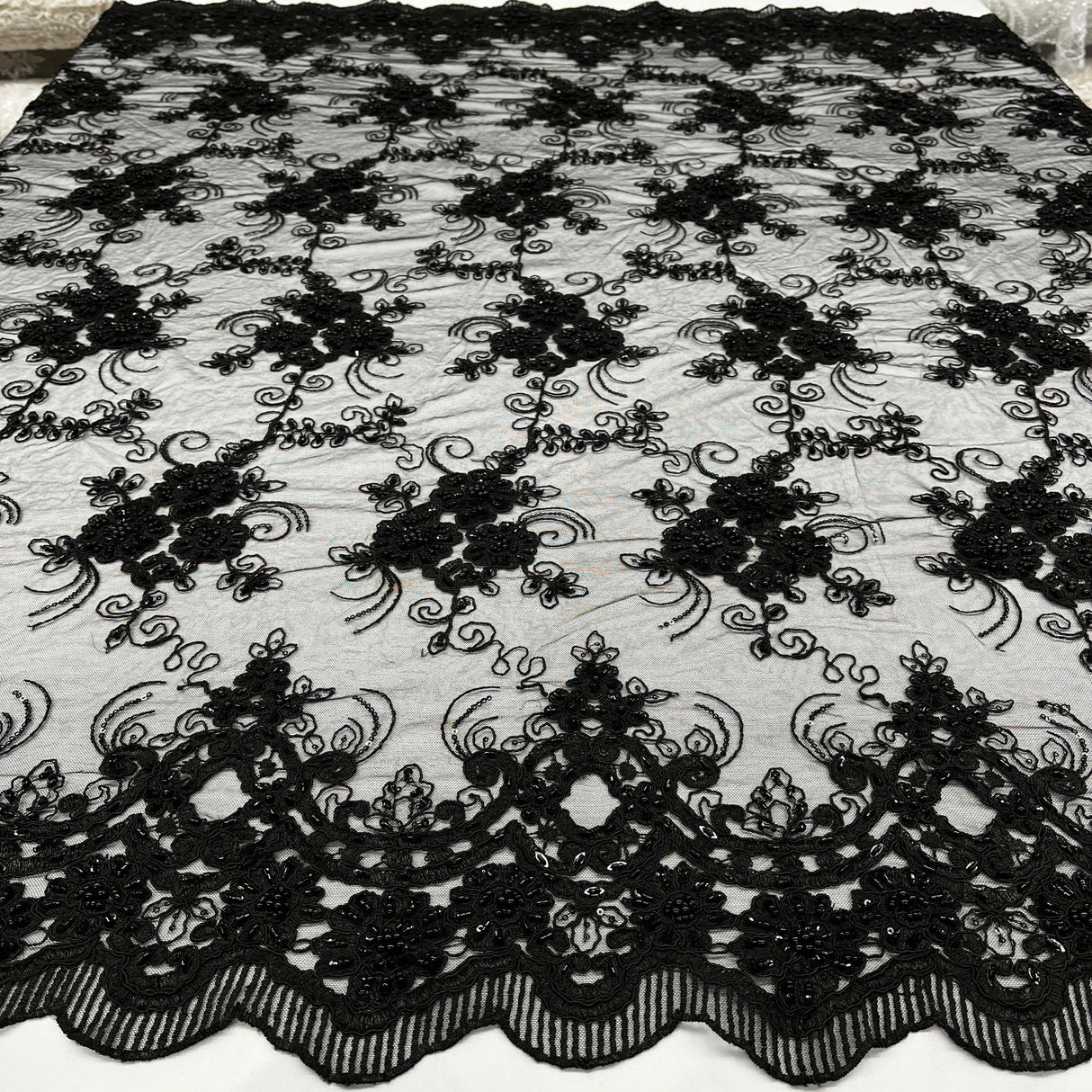 Beaded Corded Bridal Lace Black