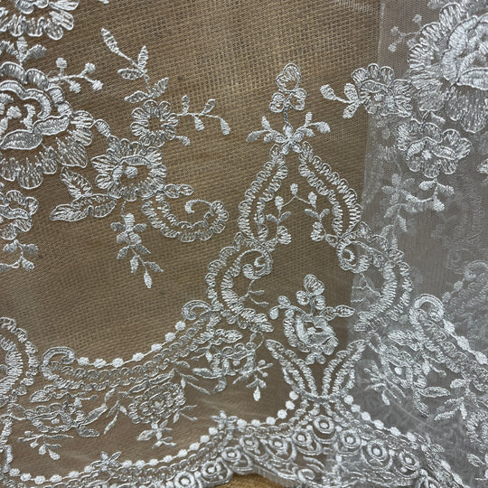 1 Yard Silver Metallic Corded Bridal Lace Fabric Embroidered on 100% Polyester Net Mesh – 52"