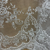 1 Yard Silver Metallic Corded Bridal Lace Fabric Embroidered on 100% Polyester Net Mesh – 52"
