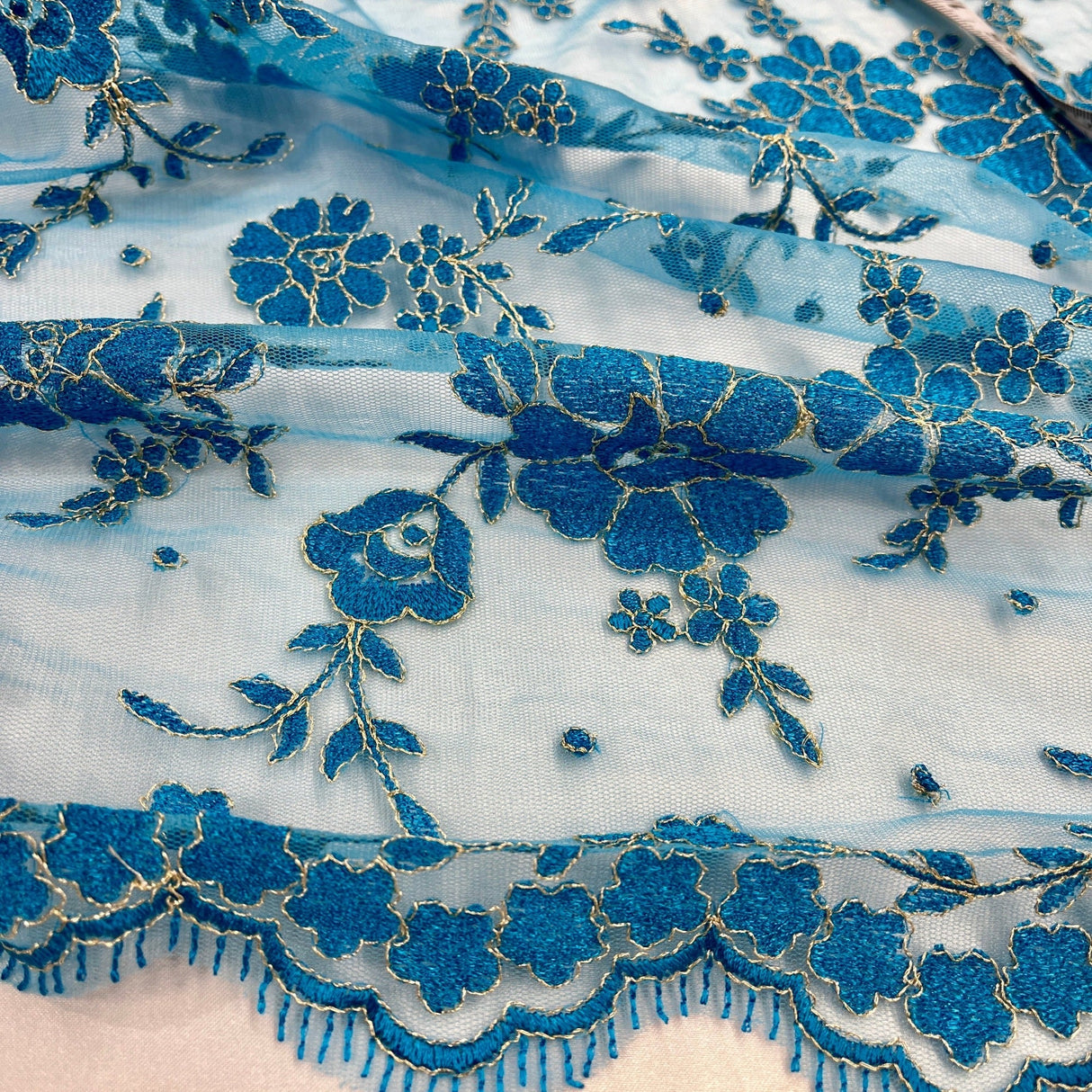 Embroidered Lace Fabric - 100 Percent Polyester Net Mesh, Floral Beaded Design, 52" Width (1 Yard)