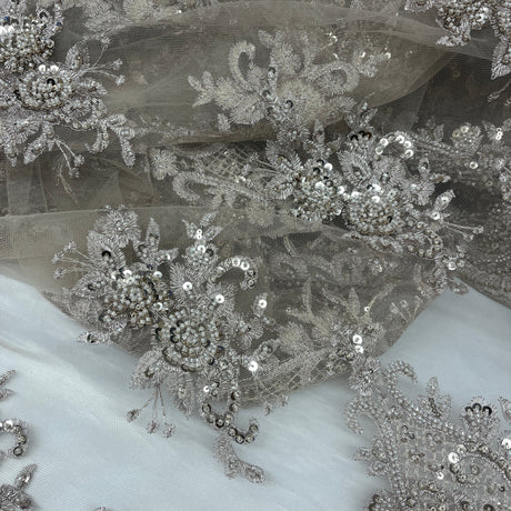 Beaded Lace Fabric on Polyester Net Mesh