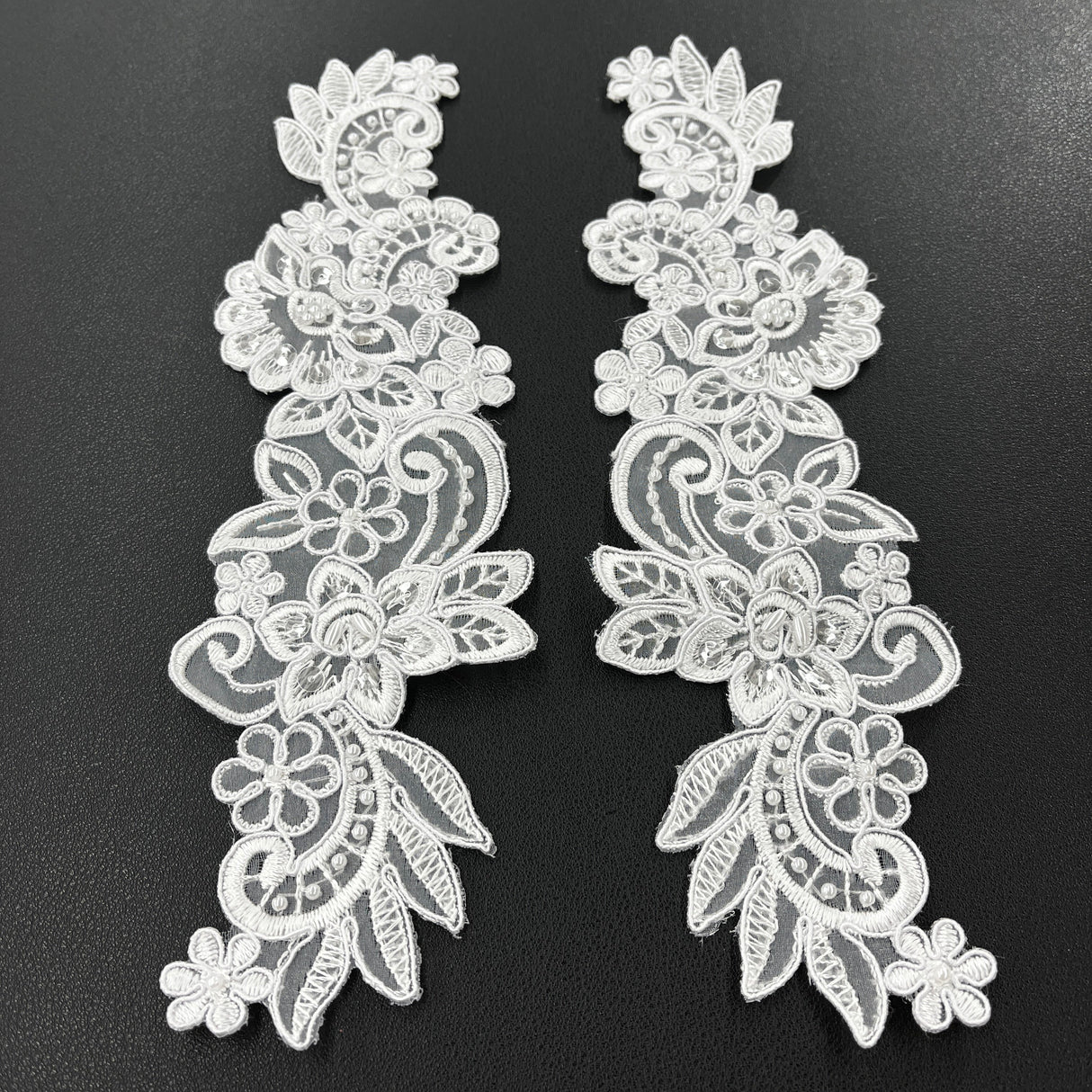 Beaded Corded Floral Lace Applique 10" x 3"