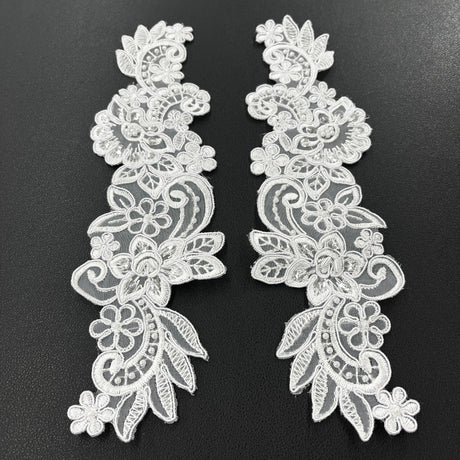 Beaded Corded Floral Lace Applique 10" x 3"