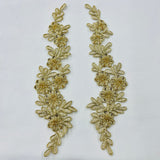 1 Pair 9.5" x 2" Each Side Beaded & Corded Floral Lace Applique Embroidered on 100% Polyester Net Mesh