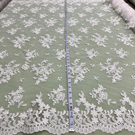 1 Yard Handcrafted Corded Embroidered Bridal Lace Fabric for Elegant Gowns White