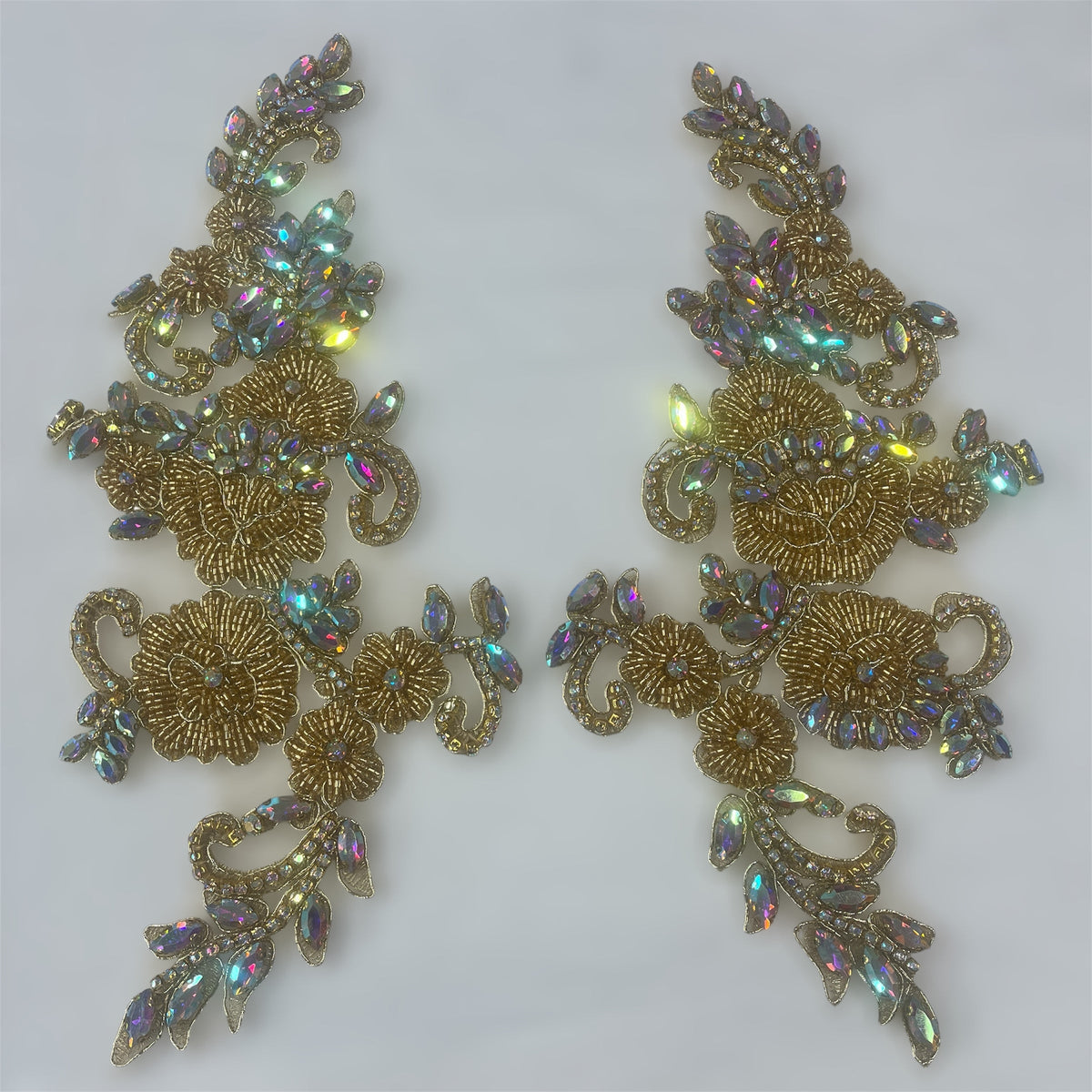1 Yard Crystal Rhinestone Applique Embroidered on 100% Polyester, Approximately 12" x 5" Each Side