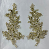 1 Pair 12" x 3.5" Beaded & Corded Floral Lace Applique 100% Polyester Net Mesh