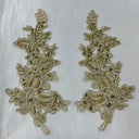 Beaded Corded Floral Lace Applique 100 Percent Polyester Fabric - Embroidered Net Mesh, 12" X 3.5" Each Side (1 Pair)