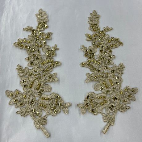 Beaded Corded Floral Lace Applique 100 Percent Polyester Fabric - Embroidered Net Mesh, 12" X 3.5" Each Side (1 Pair)
