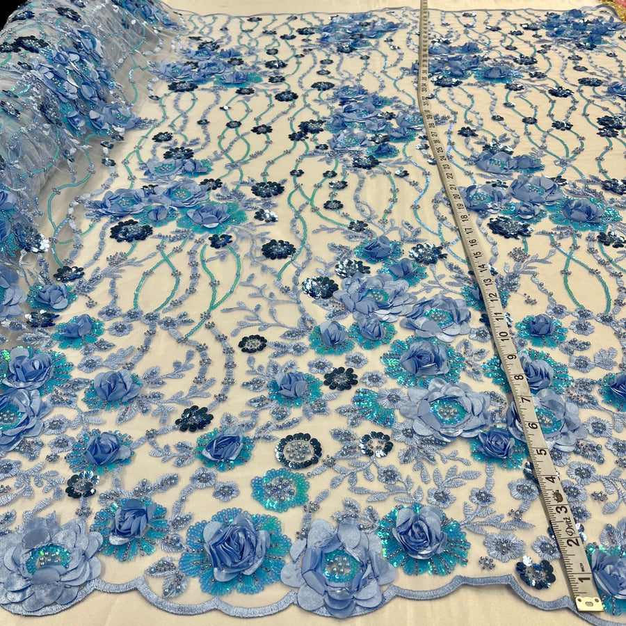 1 Yard Sparkling Beaded and Sequined 3D Floral Lace Fabric Embroidered on 100% Polyester Net Mesh White