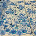1 yarda de tela de encaje floral 3D brillante con cuentas y lentejuelas bordada sobre malla de red 100% poliéster blanca