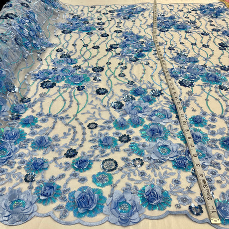 1 Yard Beaded Rhinestone 3D Floral Lace Fabric Embroidered 100 Percent Polyester Net Mesh 52 inch Width