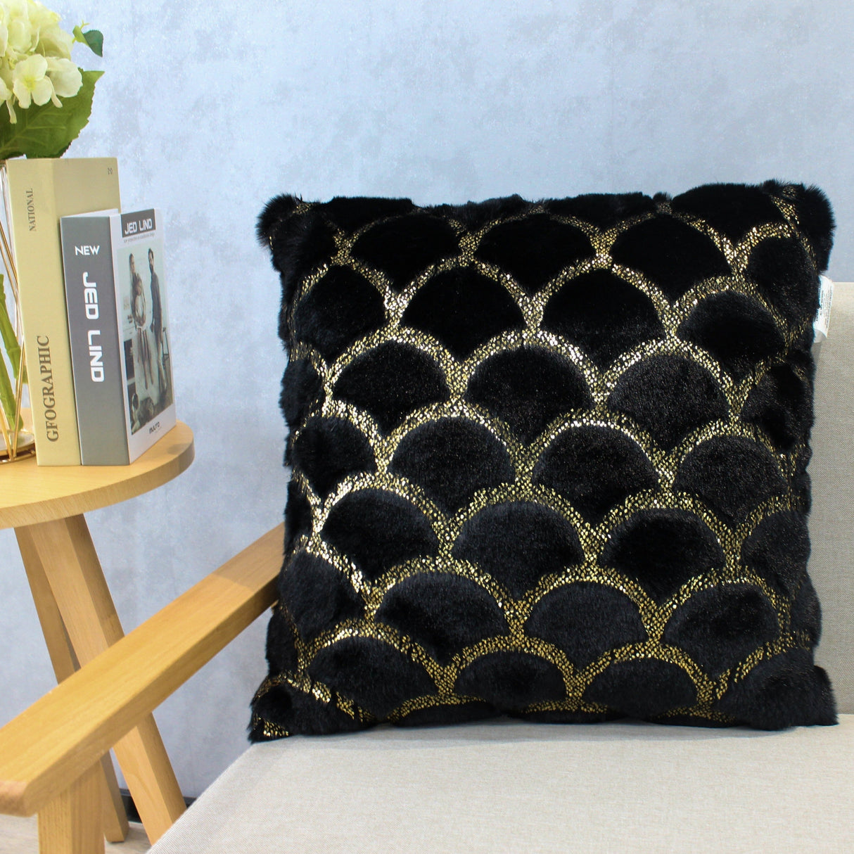 Golden Faux Fur Glow Fluffy Pillow Polyester Fabric - Black Moon With Gold Foil, 20" X 20" (1 Pillow)