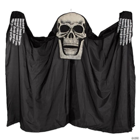 Hanging Skeleton Reaper Curtain Halloween Decoration with Robe Detail, showing a detailed skeletal bone design