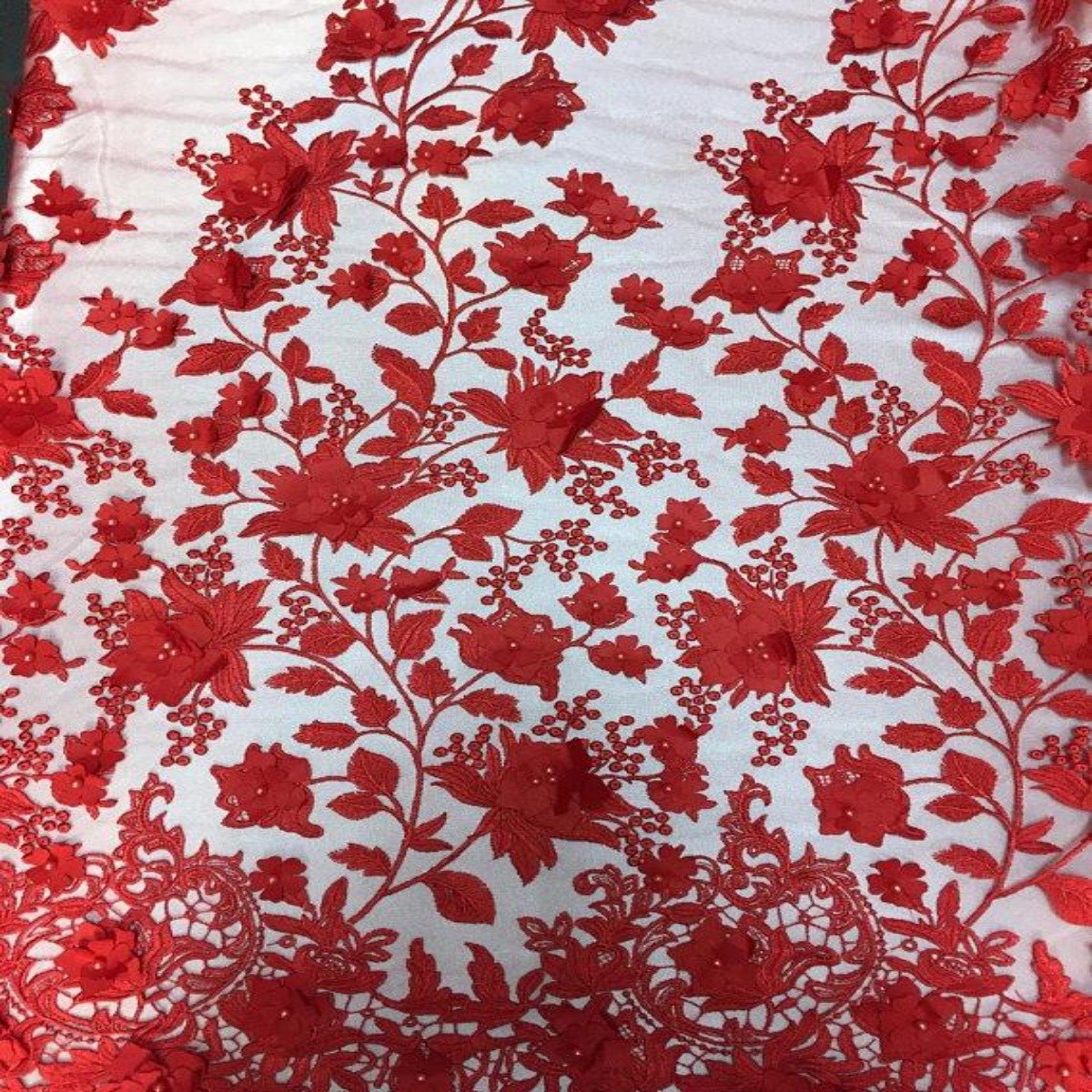 3D Embroidered Satin Floral Pearl Lace Fabric - 100 Percent Polyester Fabric, Floral Pearl Embroidery, 52" Width, 12" Panel (1 Yard)