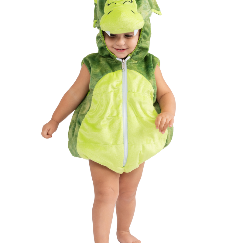 Baby dragon costume romper with attached hood and zipper