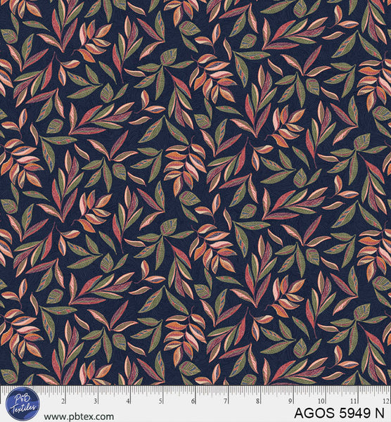 Cotton Print Navy Blue Leaves Fabric 44/45"