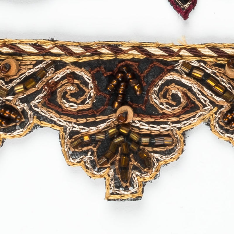 Beaded Trim Brown Gold Floral Scallop