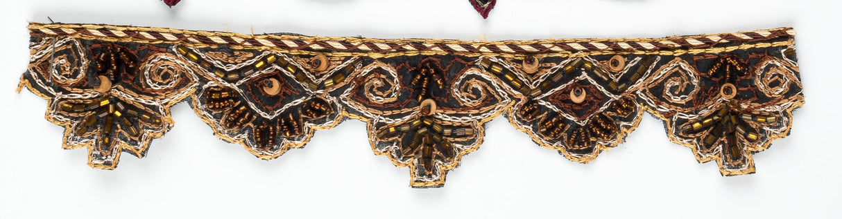Beaded Trim Brown Gold Floral Scallop