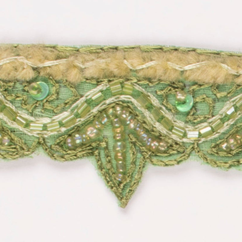 Beaded Sequins Trim Green Floral 1.25"