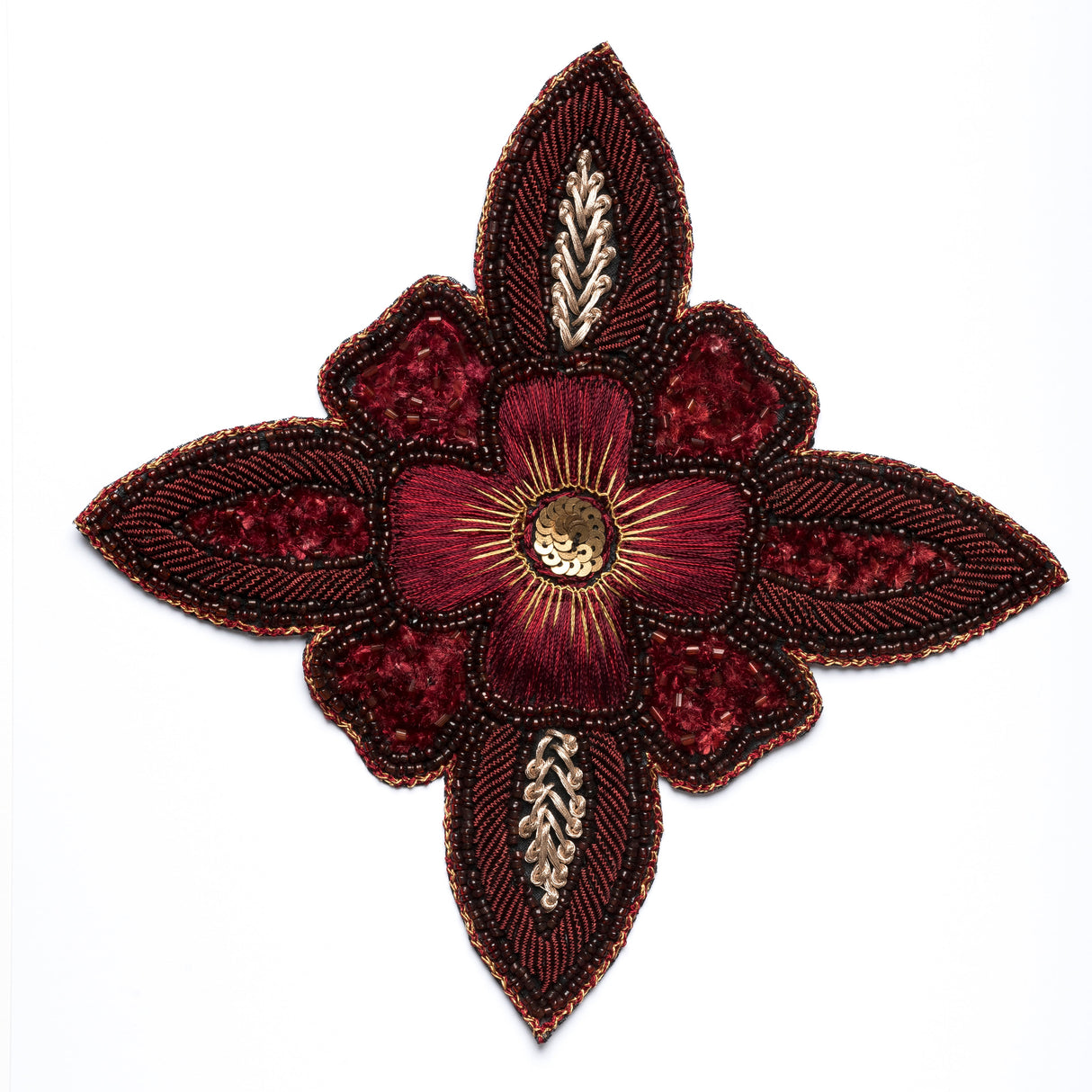 Embroidered Beaded Floral Applique Burgundy 7x7