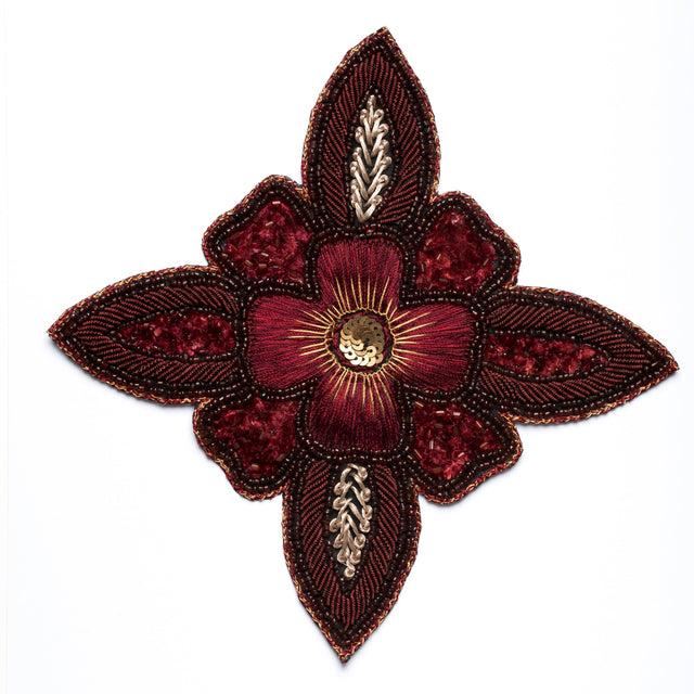 Embroidered Beaded Floral Applique Burgundy 7x7