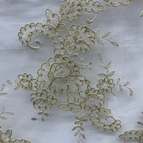 Corded Bridal Lace Fabric - Ivory With Silver Floral Embroidery, 52" Width (1 Yard)