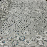 1 Yard Beaded and Sequined 3D Floral Sparkling Lace Fabric White