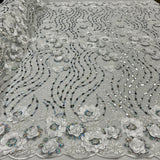 Beaded And Sequined 3D Floral Sparkling Lace Fabric - 100 Percent Polyester Net Mesh, Floral Embroidered, 52" Width (1 Yard)