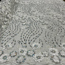 1 yarda de tela de encaje floral 3D con cuentas y lentejuelas bordadas, 100% poliéster, malla de red, ancho de 52 pulgadas