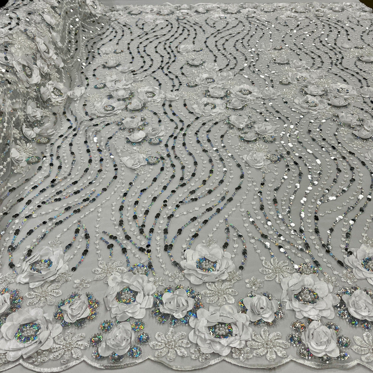 Beaded 3D Floral Lace Fabric
