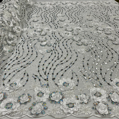 Beaded 3D Floral Lace Fabric