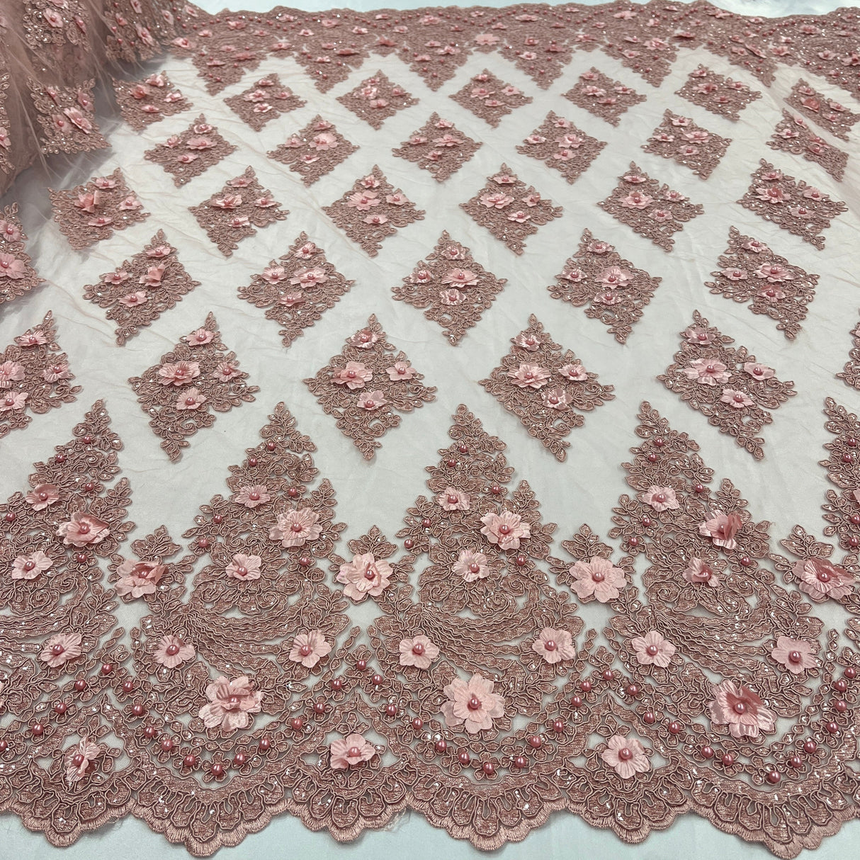 Beaded 3D Floral Lace Mesh