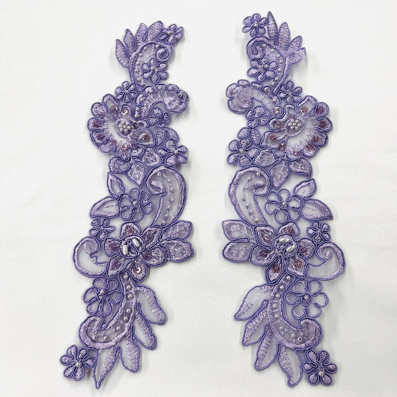 Beaded Corded Floral Lace Applique Polyester Fabric - Floral Embroidered Organza, 10" X 3" Each Side, 4 Colors (1 Pair)