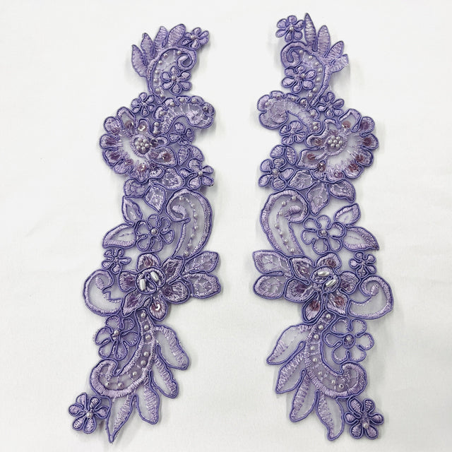 Beaded Corded Floral Lace Applique Polyester Fabric - Floral Embroidered Organza, 10" X 3" Each Side, 4 Colors (1 Pair)