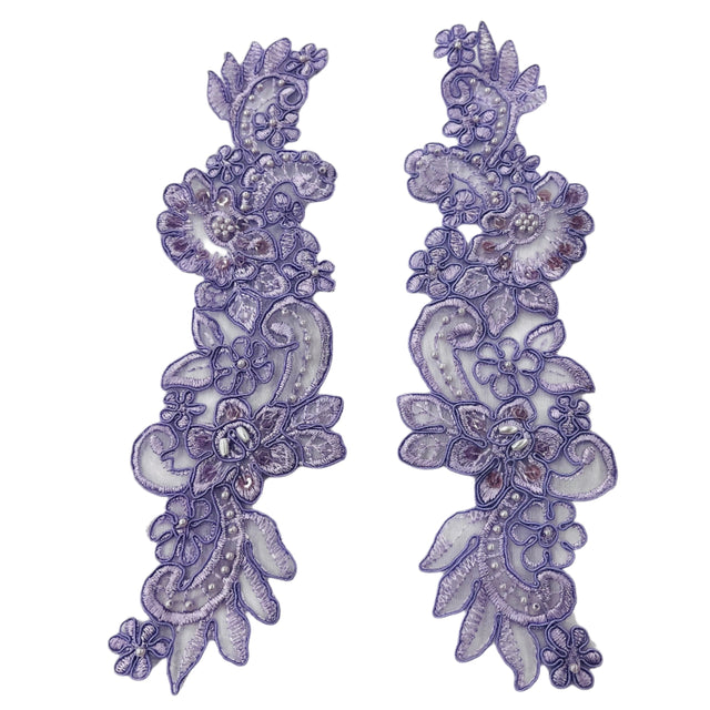 Beaded Corded Floral Lace Applique 10" x 3"