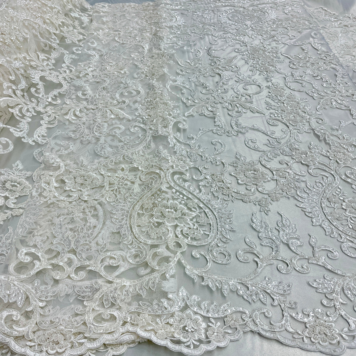 1 Yard Elegant Beaded & Corded Bridal Lace Fabric on Soft Polyester Mesh, GD-55719