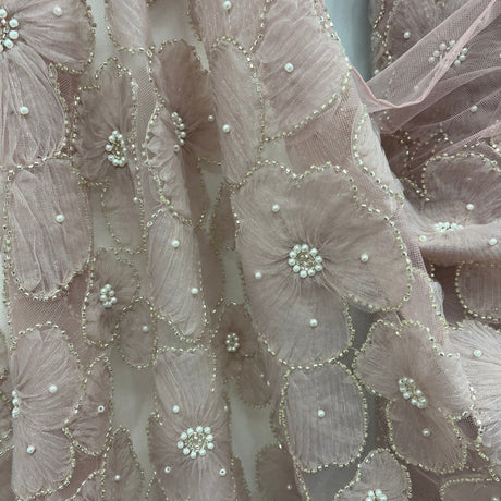 Beaded 3D Floral Lace Fabric - 3D Floral Embroidered Net Mesh, 52" Wide (1 Yard)