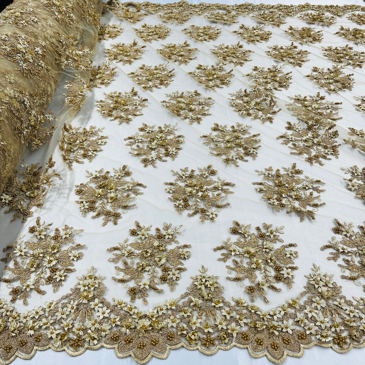 Beaded 3D Floral Lace Fabric