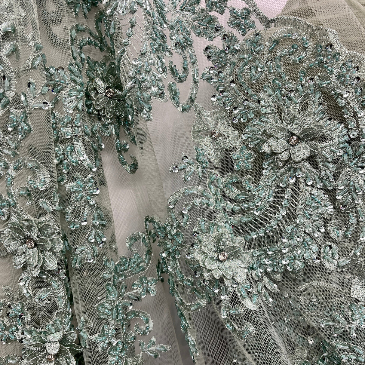 Beaded 3D Floral Lace Mesh
