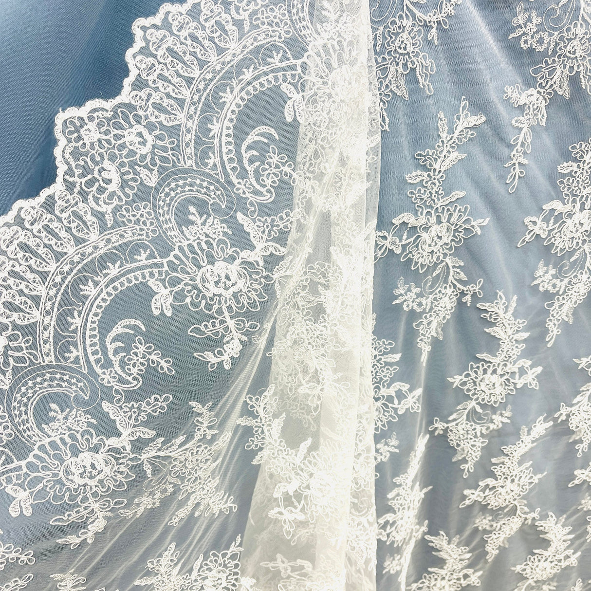 1 Yard Elegant Corded Bridal Lace Fabric Embroidered on 100% Polyester Net Mesh 51 inch Width