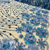 1 Yard Beaded Sequined 3D Floral Lace Fabric Embroidered 100 Percent Polyester Net Mesh 52 inch Width
