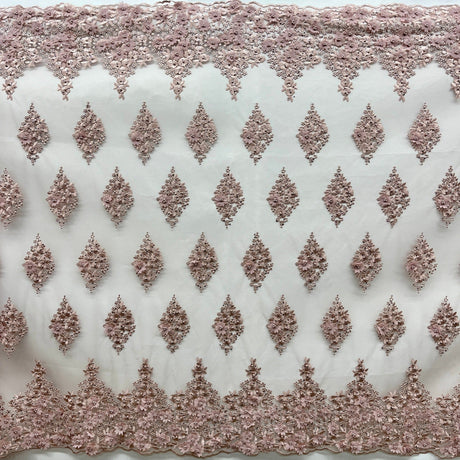 Beaded 3D Floral Lace Polyester Fabric - Off White, Gold, Silver, Lt. Blue, 52" Wide (1 Yard)