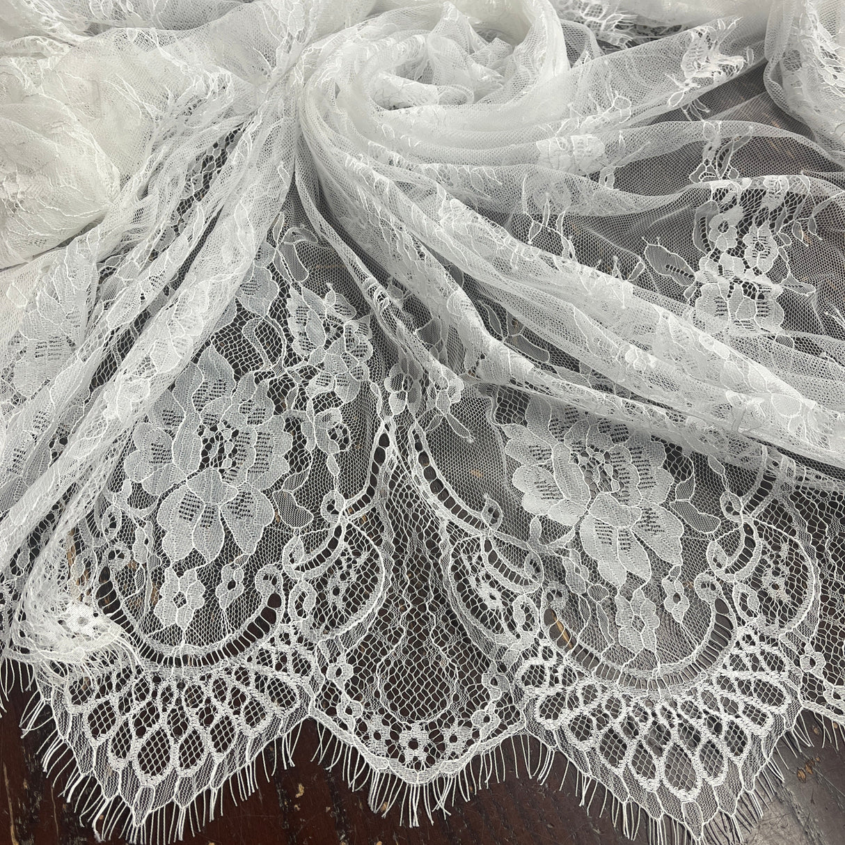 Embroidered Chantilly Lace Fabric with Eyelash Scallop