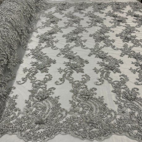 1 Yard Beaded 3D Floral Lace Fabric on Polyester Net Mesh, Dusty Rose, 52" Wide, Elegant Embroidered Lace Fabric
