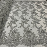 Beaded 3D Floral Lace Fabric - Embroidered 100 Percent Polyester Net Mesh, 3D Floral Beaded Design, 52" Wide (1 Yard)
